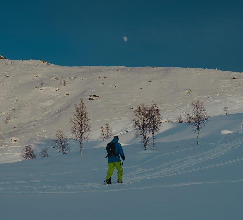 Person går på ski i snødekt landskap